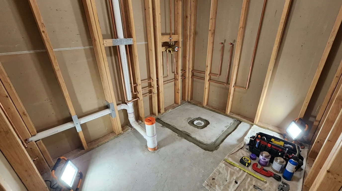 Bathroom rough-in plumbing during remodel by Johns Plumbing LLC in Leland