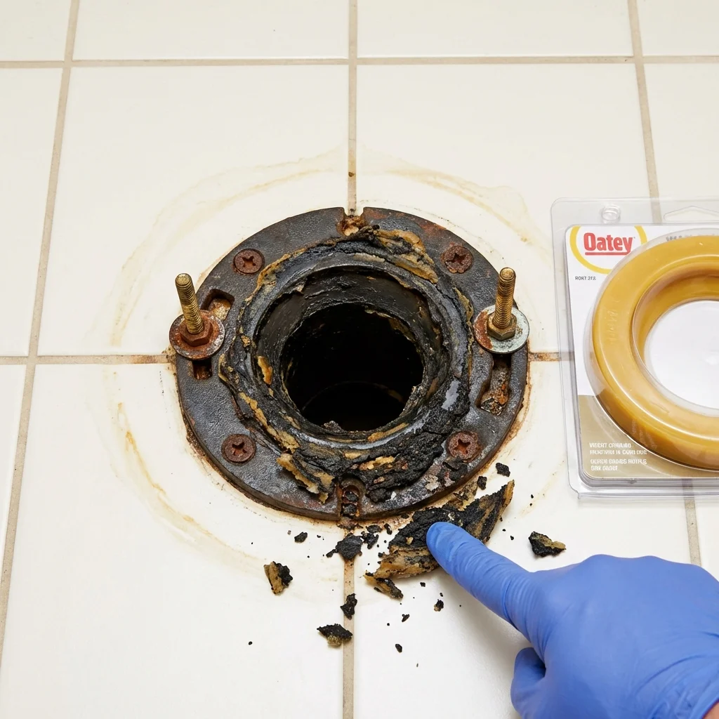 Failed wax ring showing water seepage at the base of a toilet in a Leland, NC home